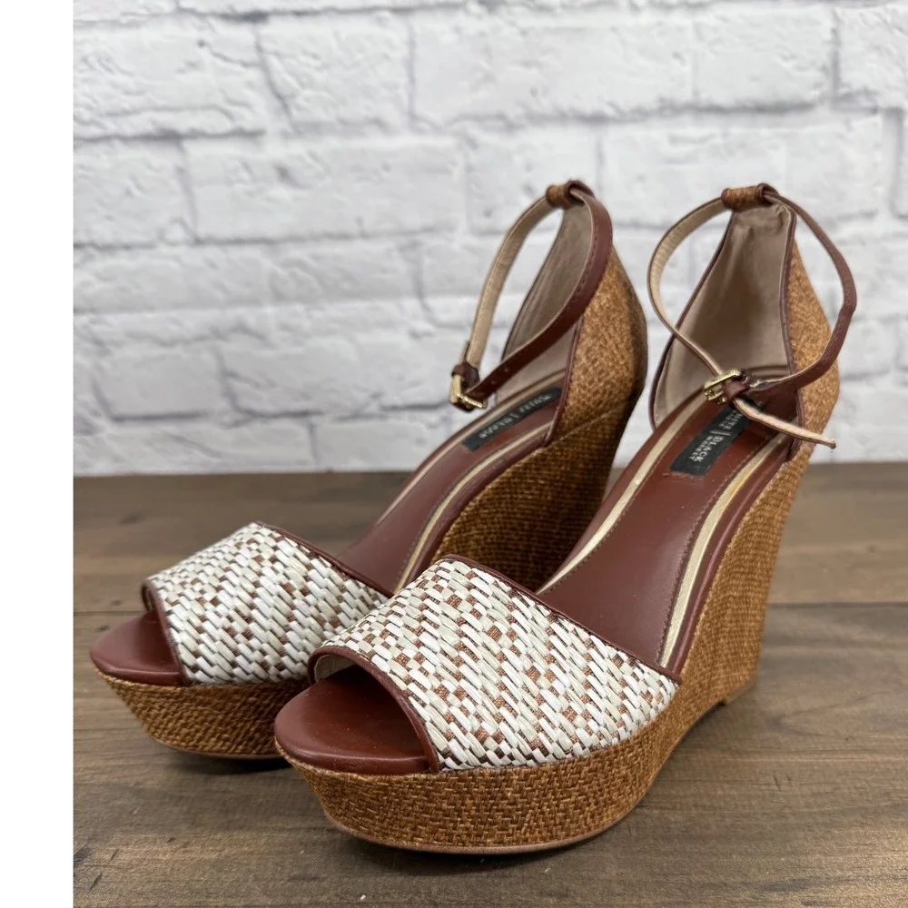 White House Black Market Raffia Wedge Heels Womens 7.5 Brown White Sandals Boho